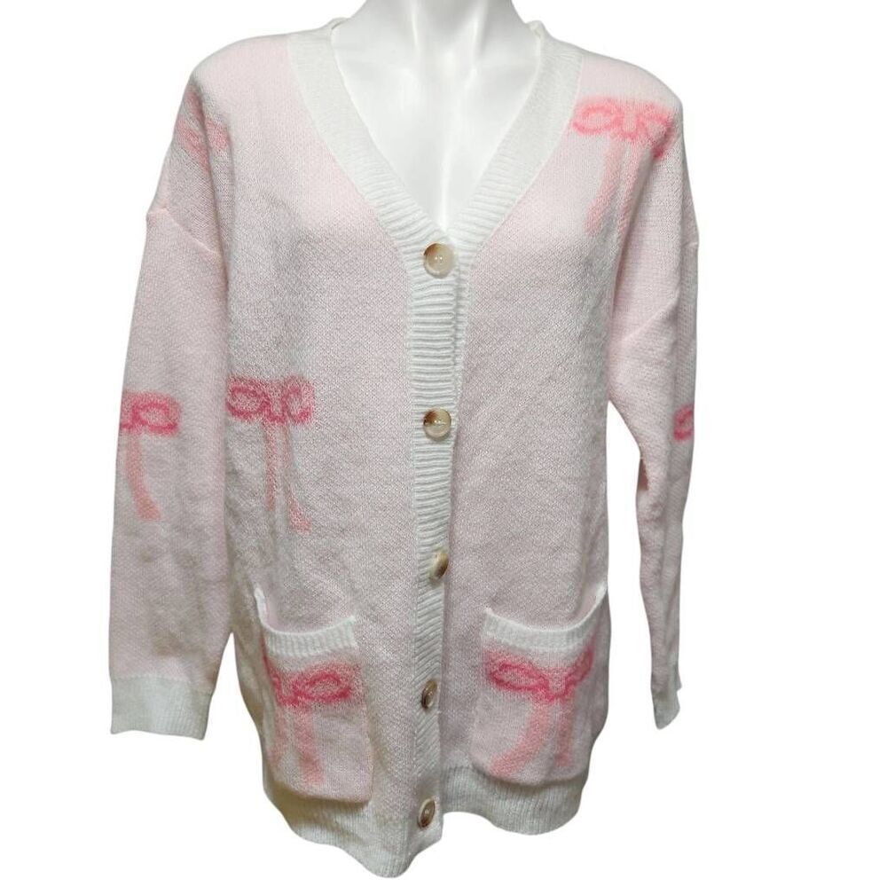 Cardigan sweater button front pink white bows pockets long sleeve Large Shein